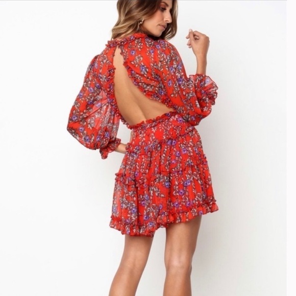 Selfie Leslie floral print dress flower pattern long sleeve ruffle red blue - Picture 1 of 10